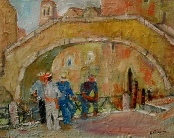 Gondolieri a Venezia, 1968, olio, su cartone telato, cm 40x50, Ischia (Na), collezione privata
